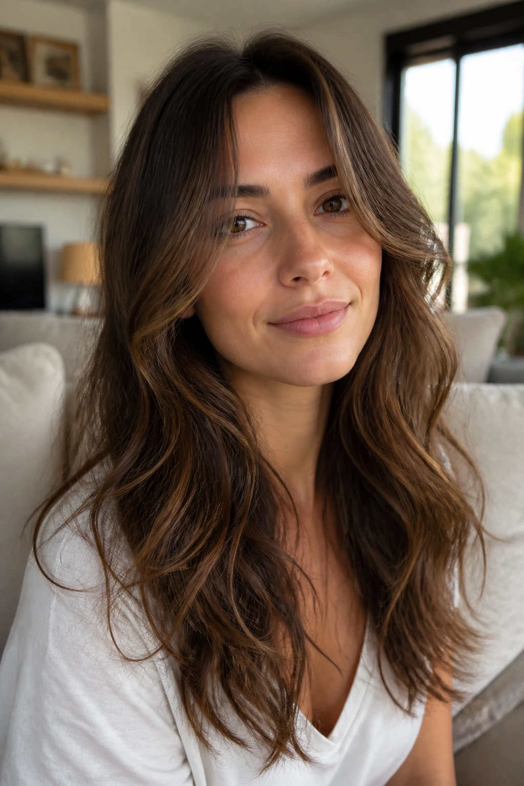 Portrait of woman with soft minimal layers in long wavy hair