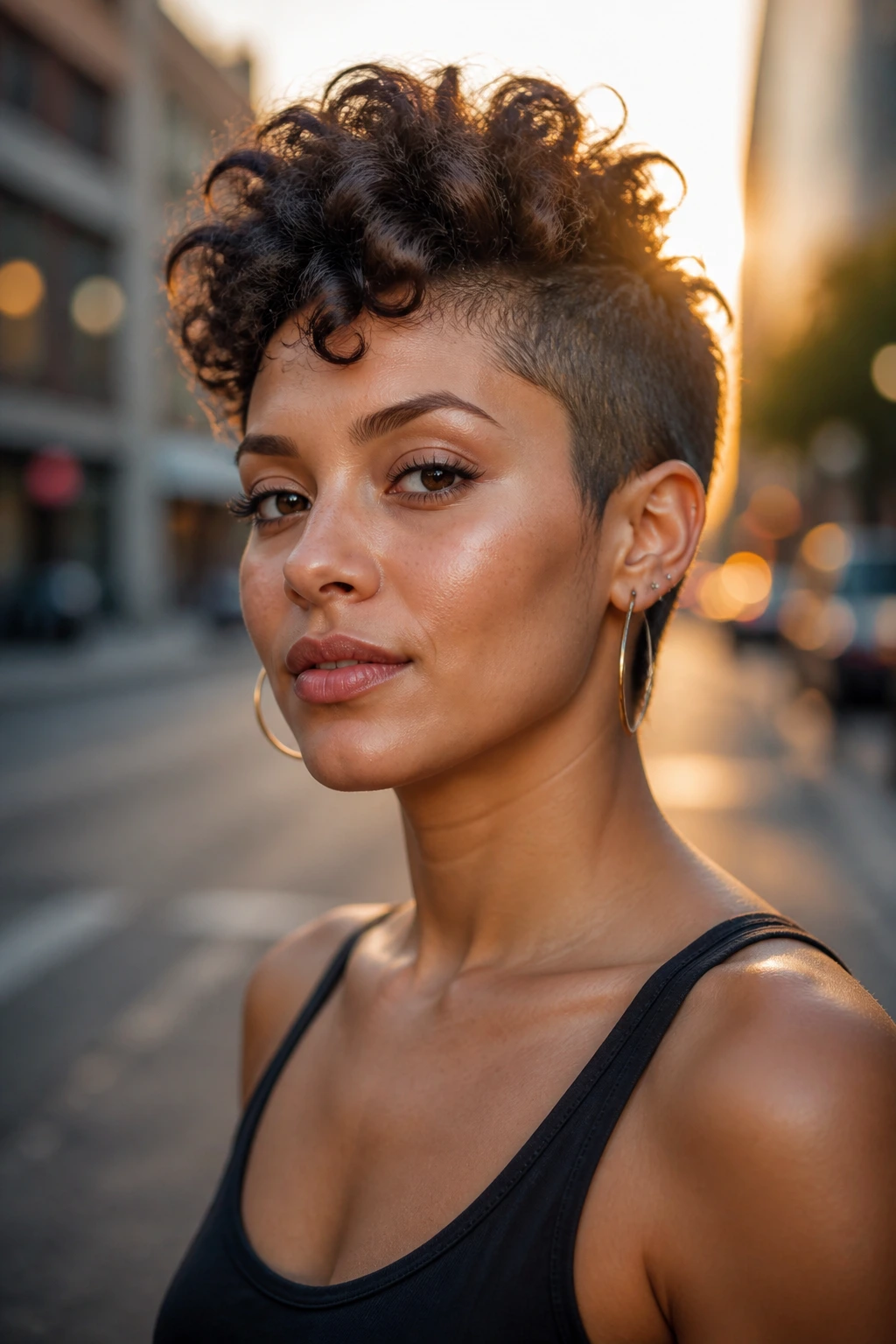 Close-up of a real woman with a soft Mohawk curly pixie in golden hour street setting