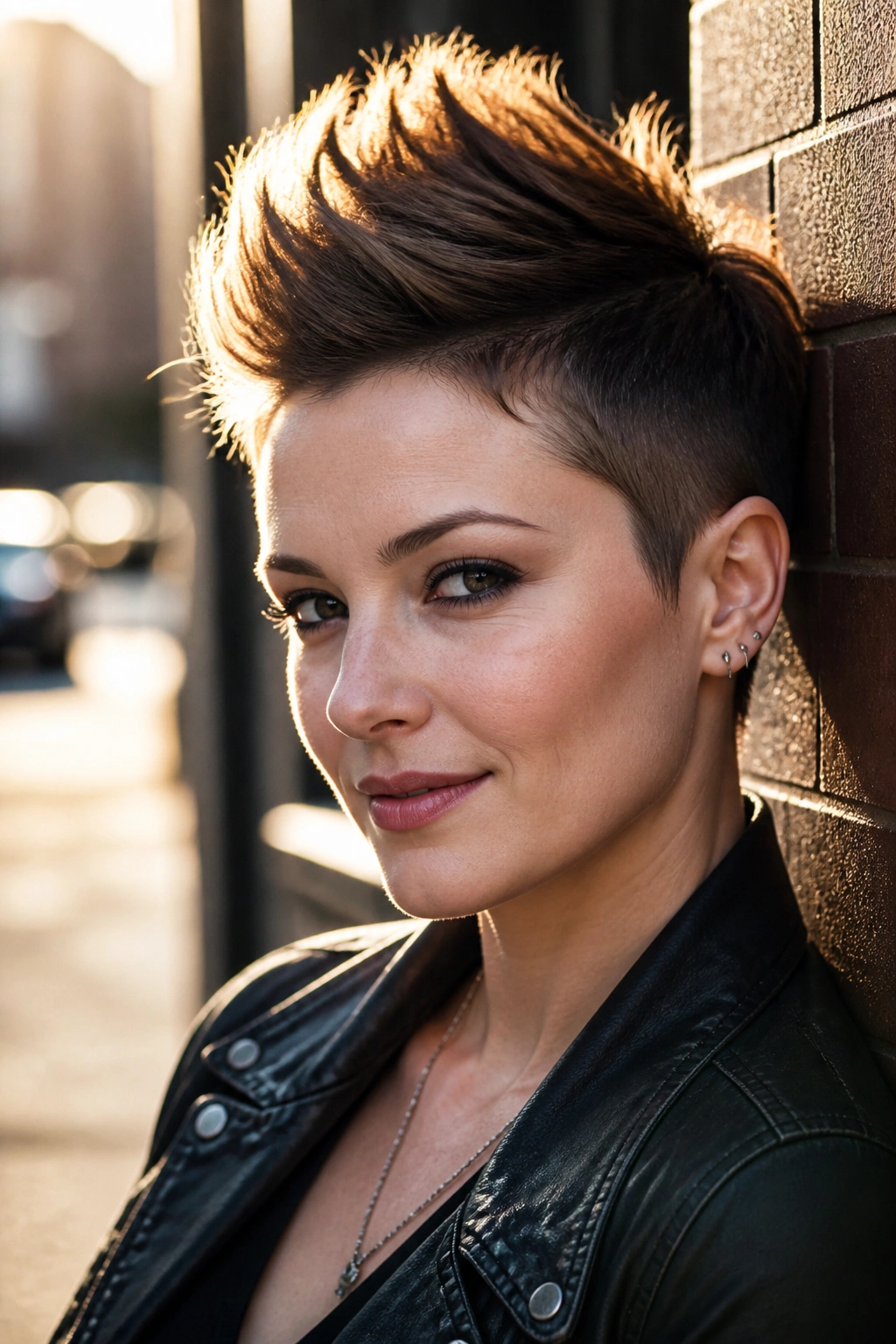 Close-up of a woman with a soft mohawk pixie; center height and tapered sides create a sleek, edgy silhouette.