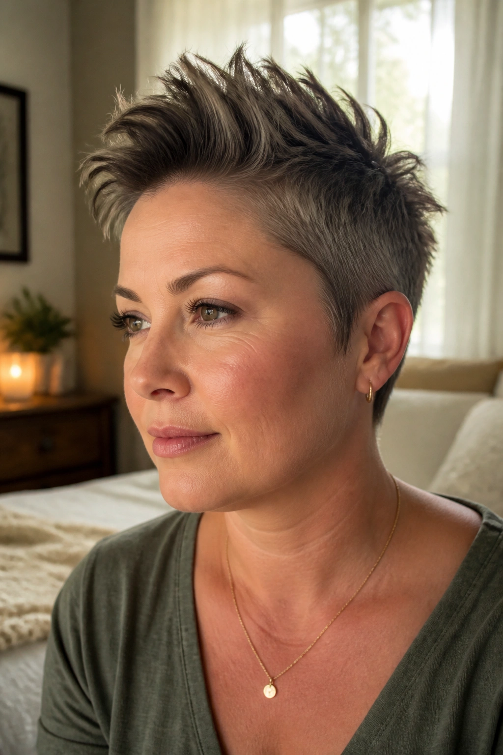 Close-up of a real woman with a soft mohawk pixie hairstyle in warm daylight.