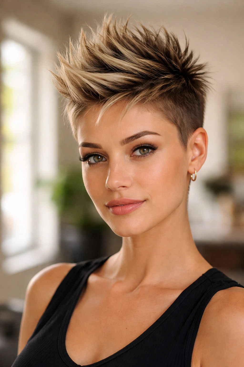 Front portrait of a real person with a soft mohawk pixie and height