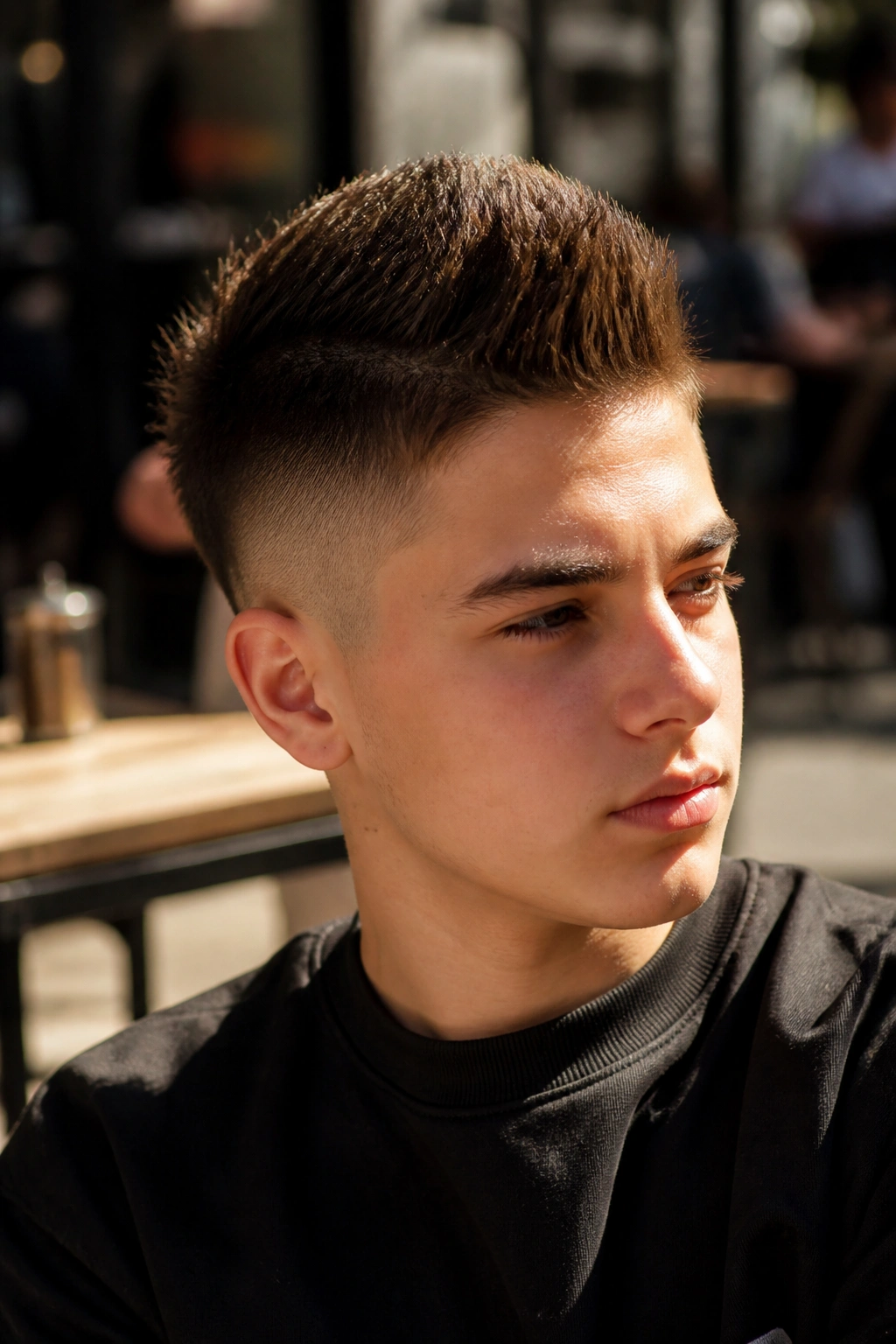 Close-up portrait of a real person with a soft mohawk and tapered sides in natural light.