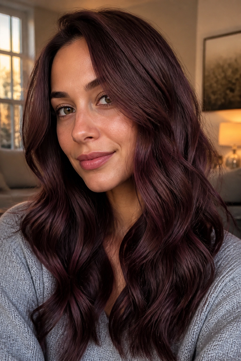 Close-up of a real woman with soft mulberry brown hair glaze