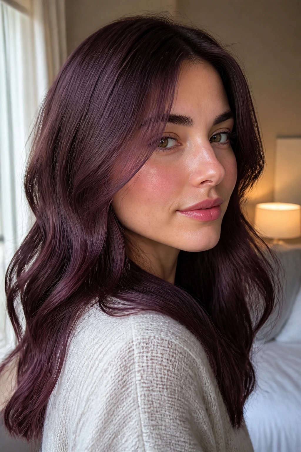 Close-up portrait of a real woman with soft mulberry brown hair in natural window light
