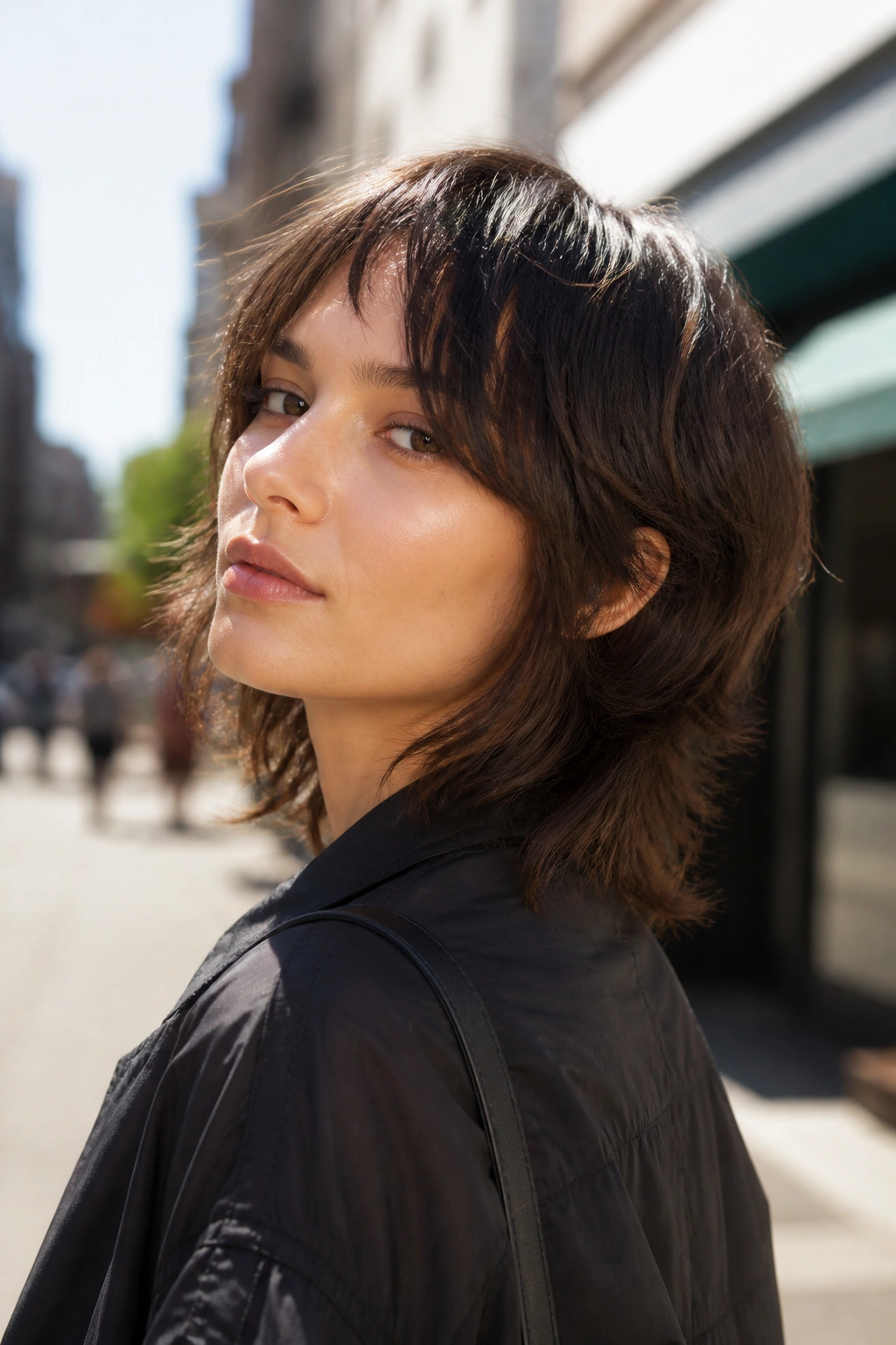 Portrait of real person with soft mullet bob and bent ends
