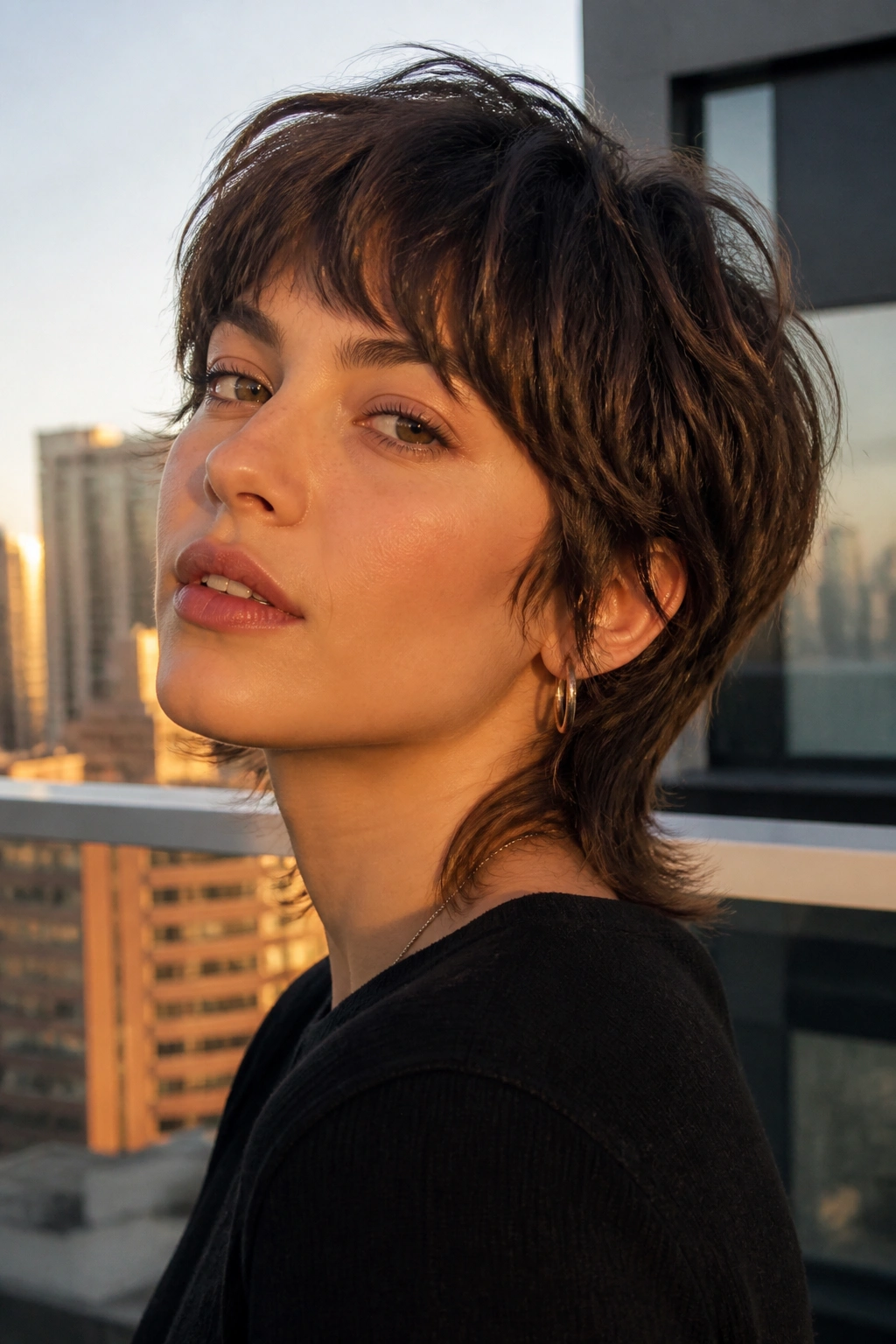 Close-up of a real woman with a soft mullet or bixie hairstyle