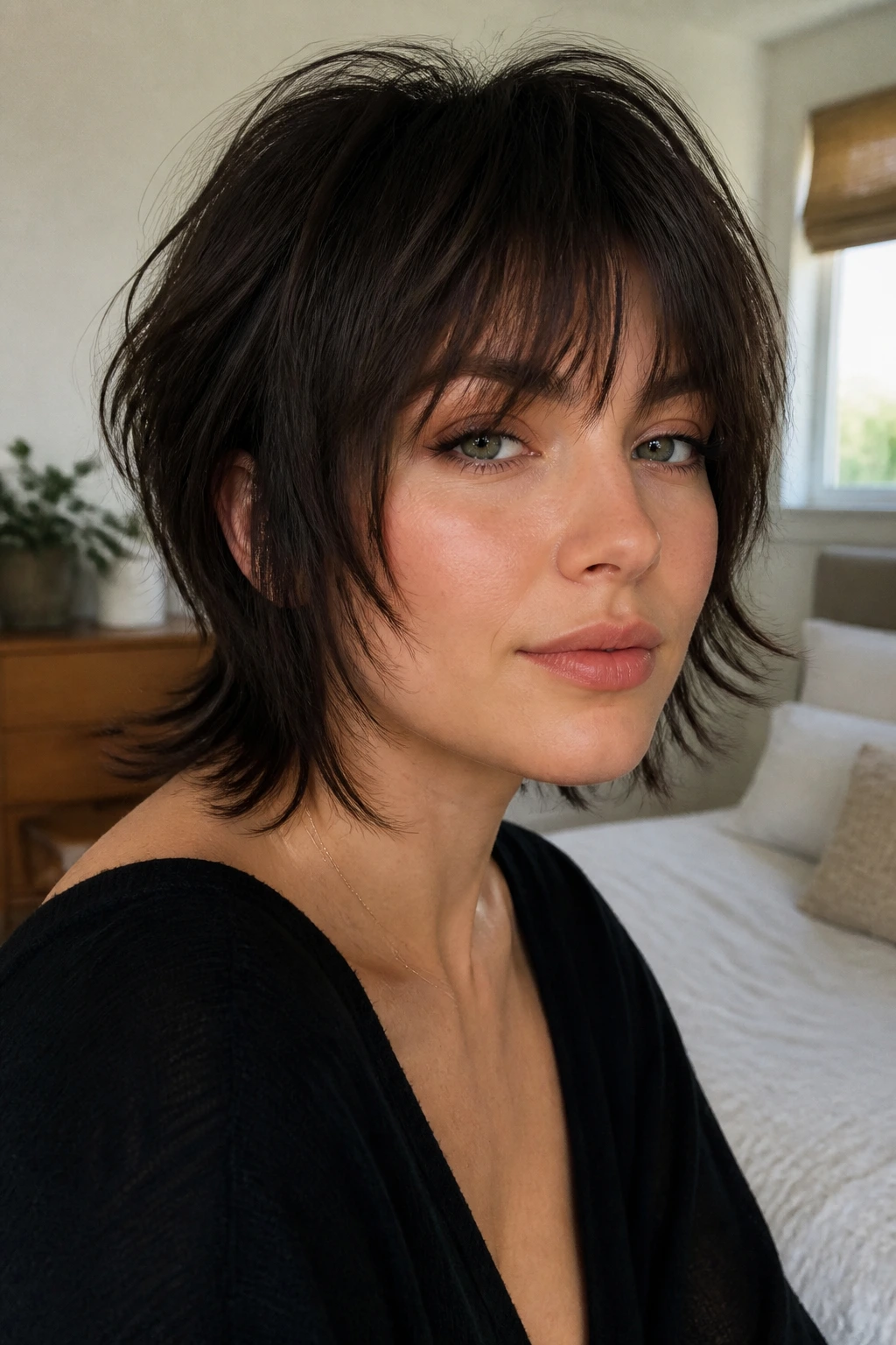 Close-up portrait of a real woman with a soft mullet bob in warm window light