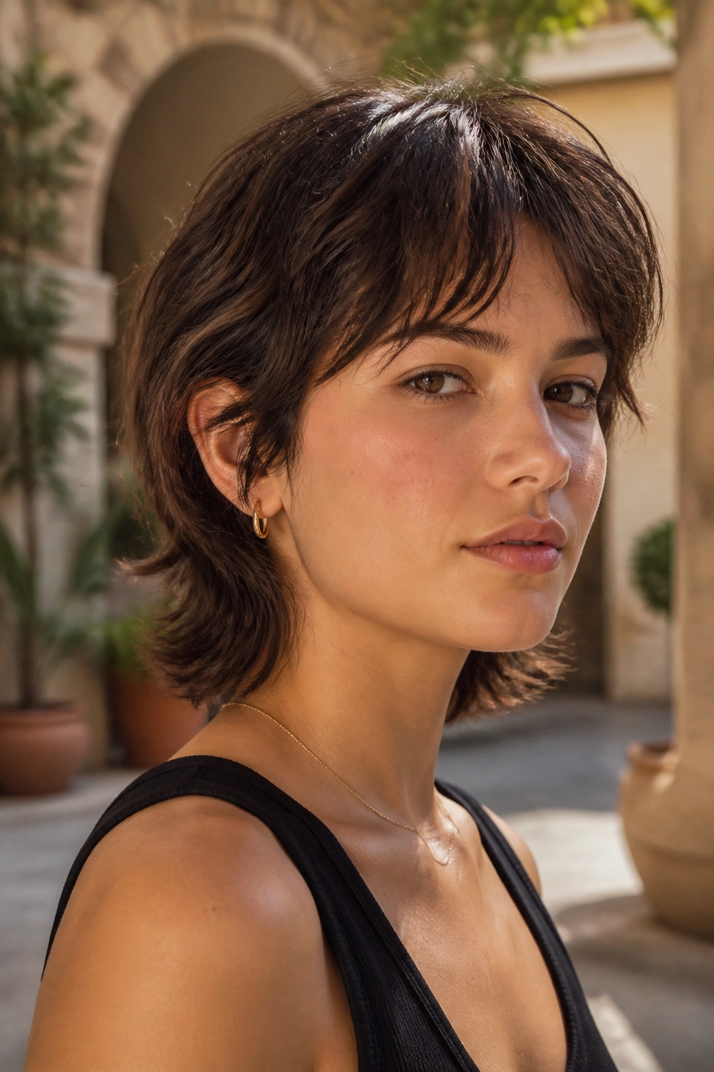 Close-up of a real woman with a soft mullet bob and piecey texture