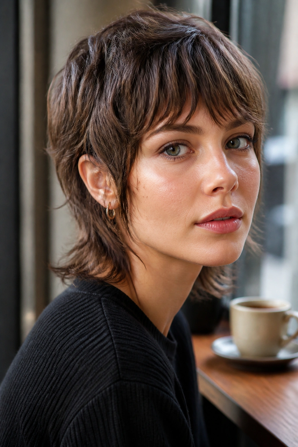 Close-up portrait of a real person with a soft mullet bob in natural light