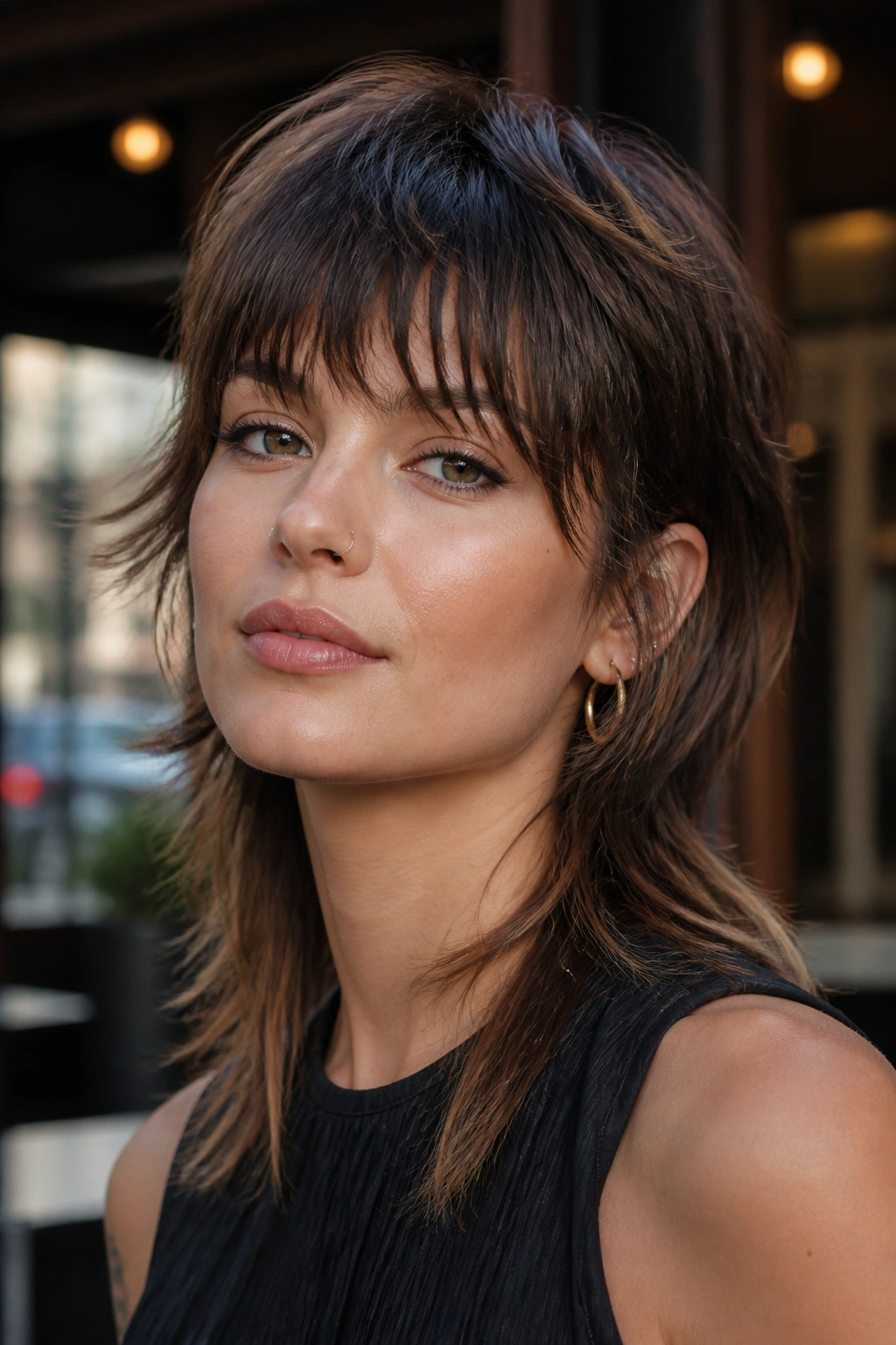 Close-up of a woman with a soft mullet and broken fringe framing her face.