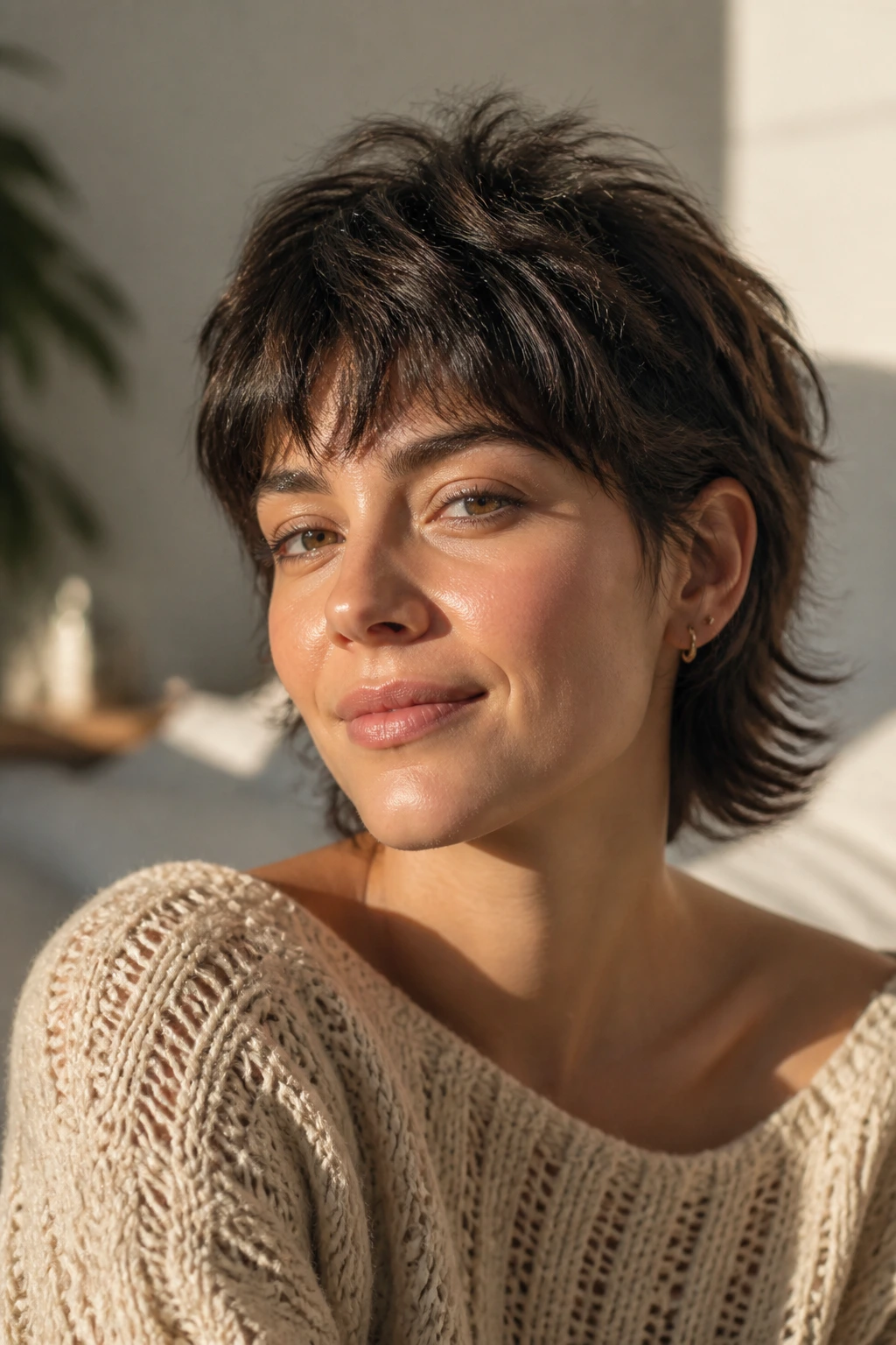 Close-up portrait of a real person with a soft mullet crop on a round face, under warm window light