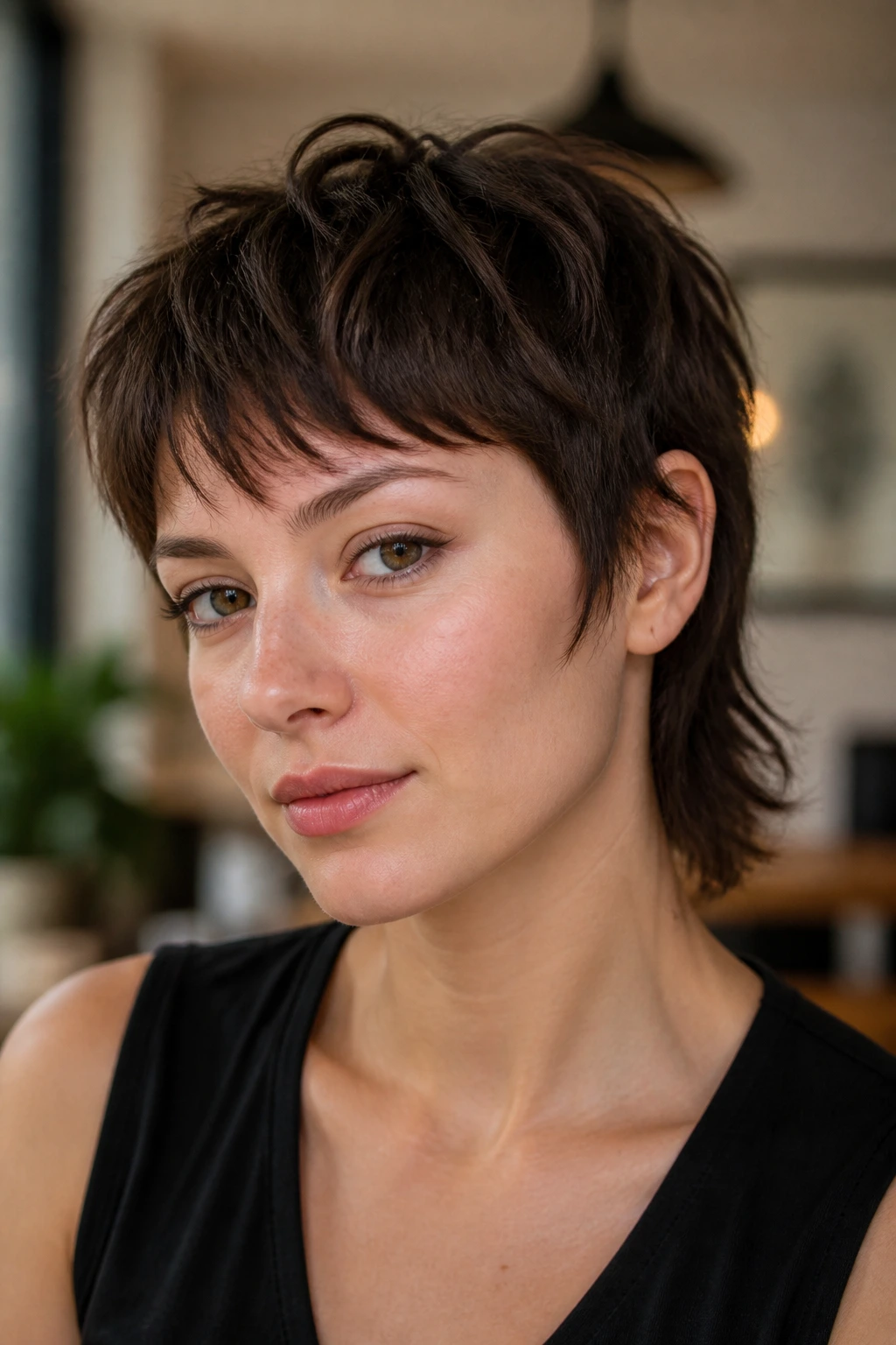 Close-up portrait of real person with soft mullet crop and fringe in warm window light
