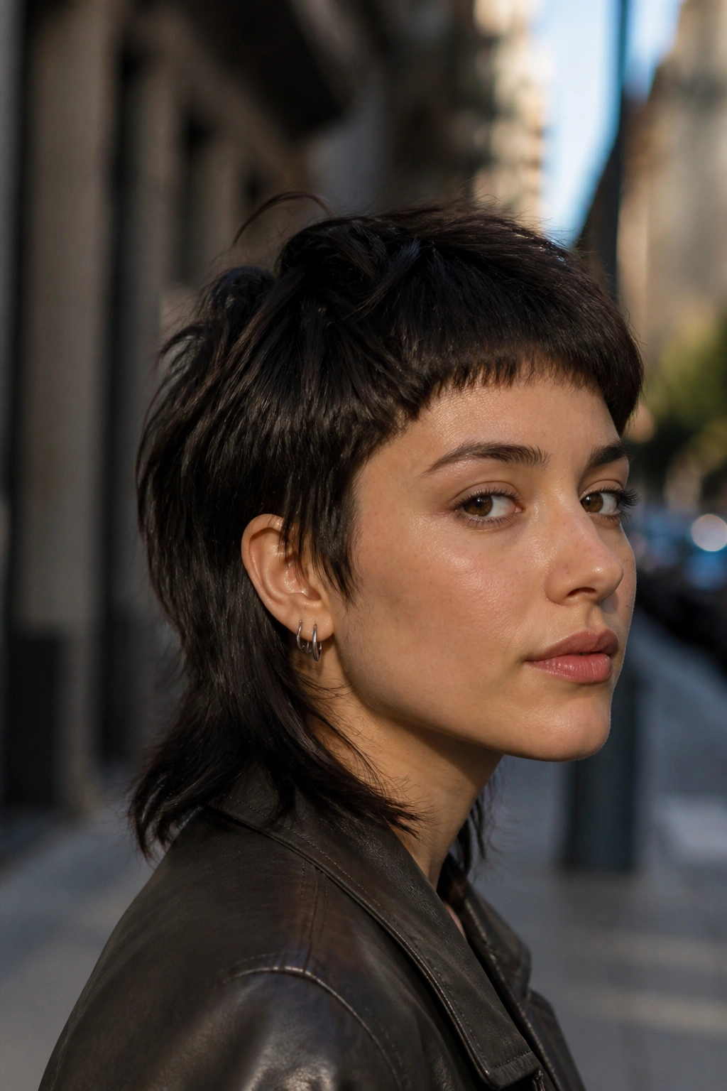 Close-up portrait of a real woman with a soft mullet crop hairstyle