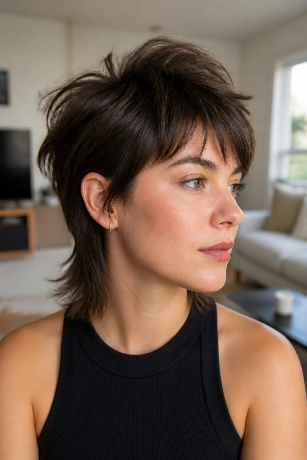 Close-up of a real woman with a soft mullet and crown layers in natural light