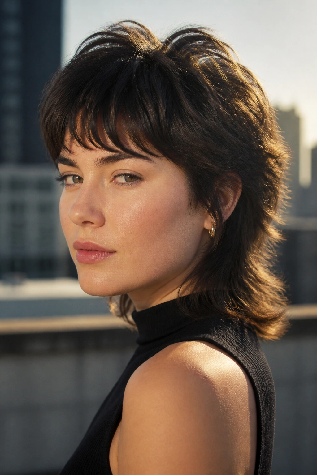 Close-up portrait of a real woman with a soft mullet and light crown lift