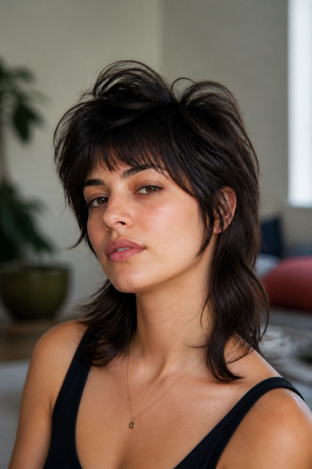 Close-up of a real woman with a soft mullet and crown volume in natural light