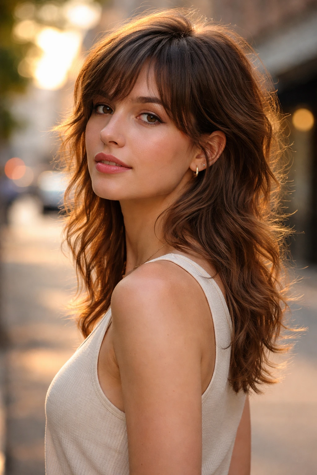 Close-up portrait of a real woman with a soft mullet silhouette and longer back