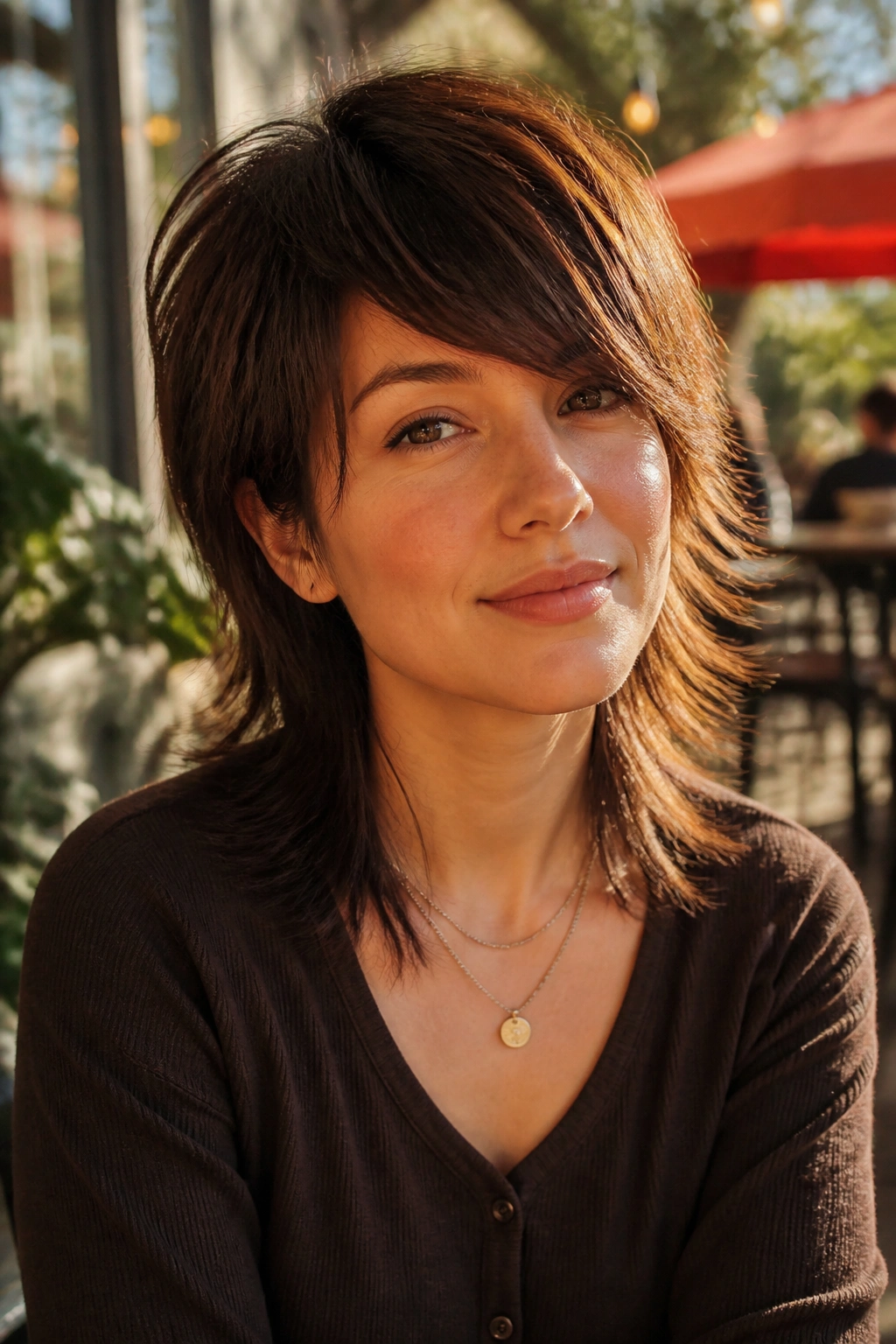 Close-up portrait of a real woman with a soft mullet and diagonal fringe in warm golden hour light