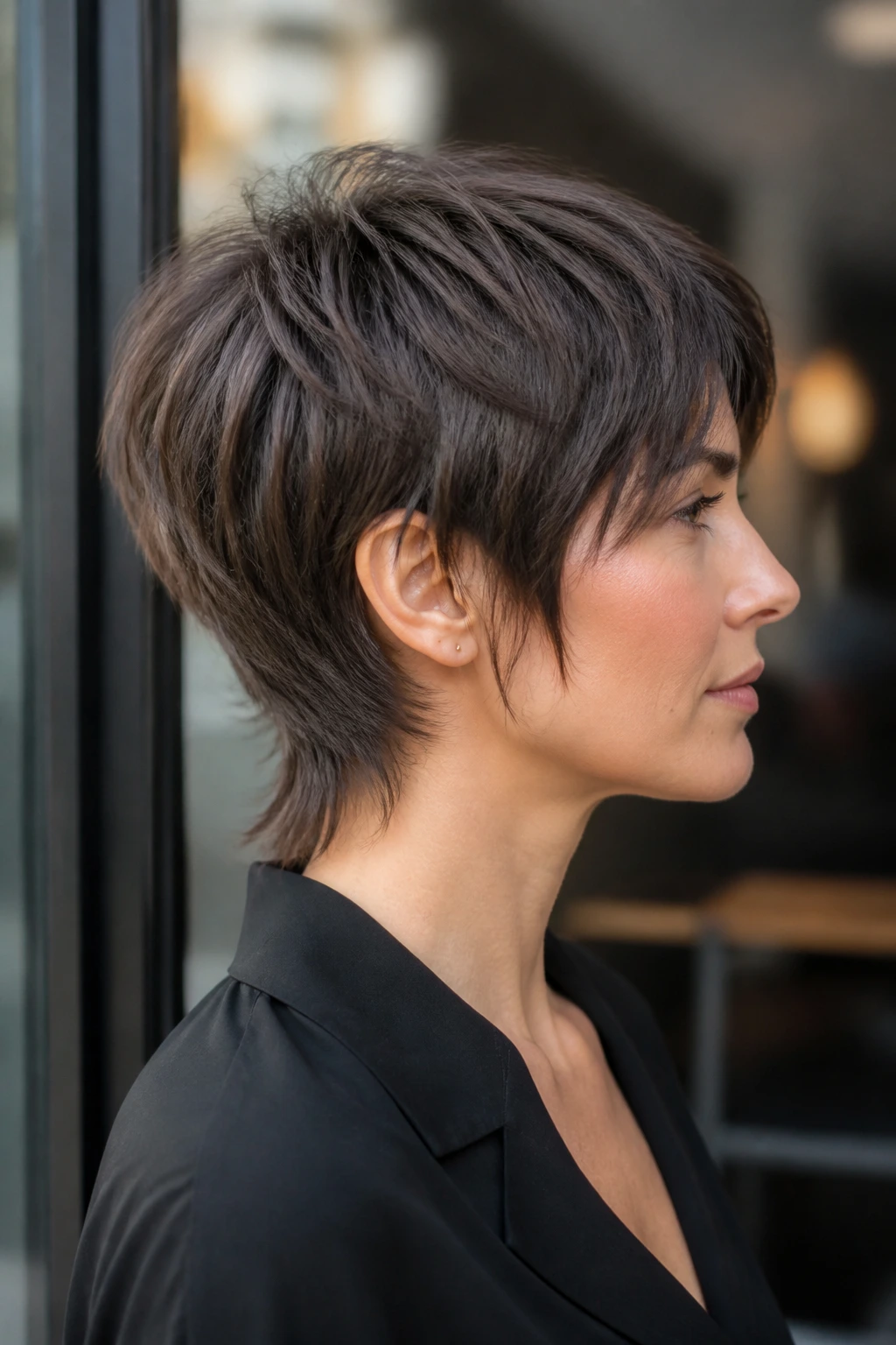Portrait of a real woman with long pixie and soft mullet edge