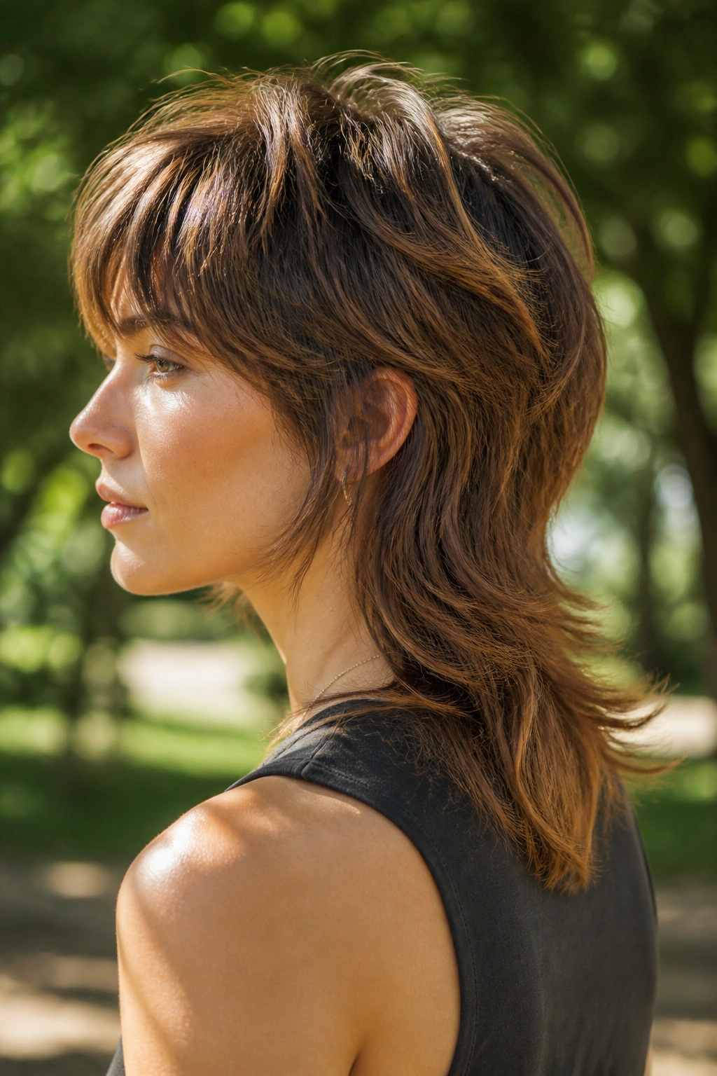 Profile of a real person with a soft mullet and feathered nape