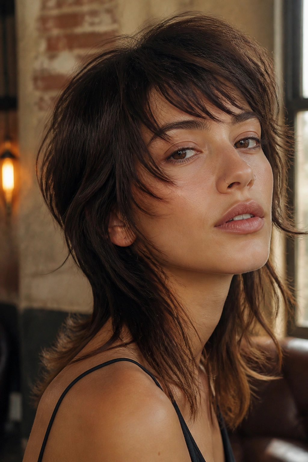 Close-up of a real person with a soft mullet and broken-up fringe in an urban interior