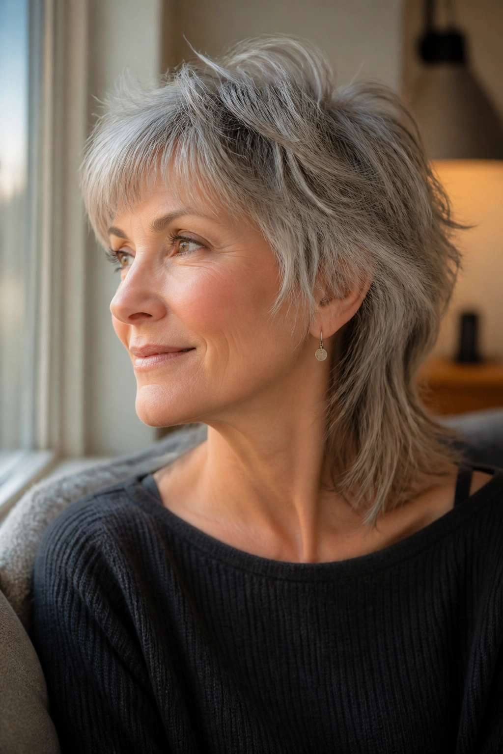 Close-up portrait of a real person with soft mullet shag in gray hair