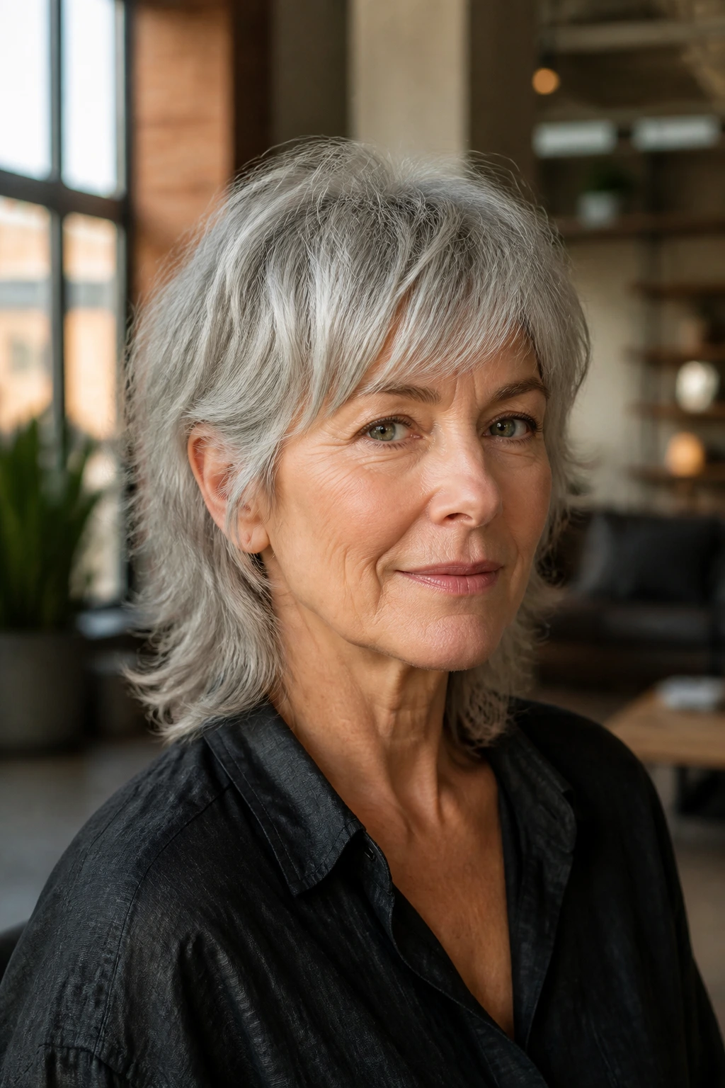 Close-up portrait of a real woman with a soft mullet hairstyle in grey hair, in an urban loft.