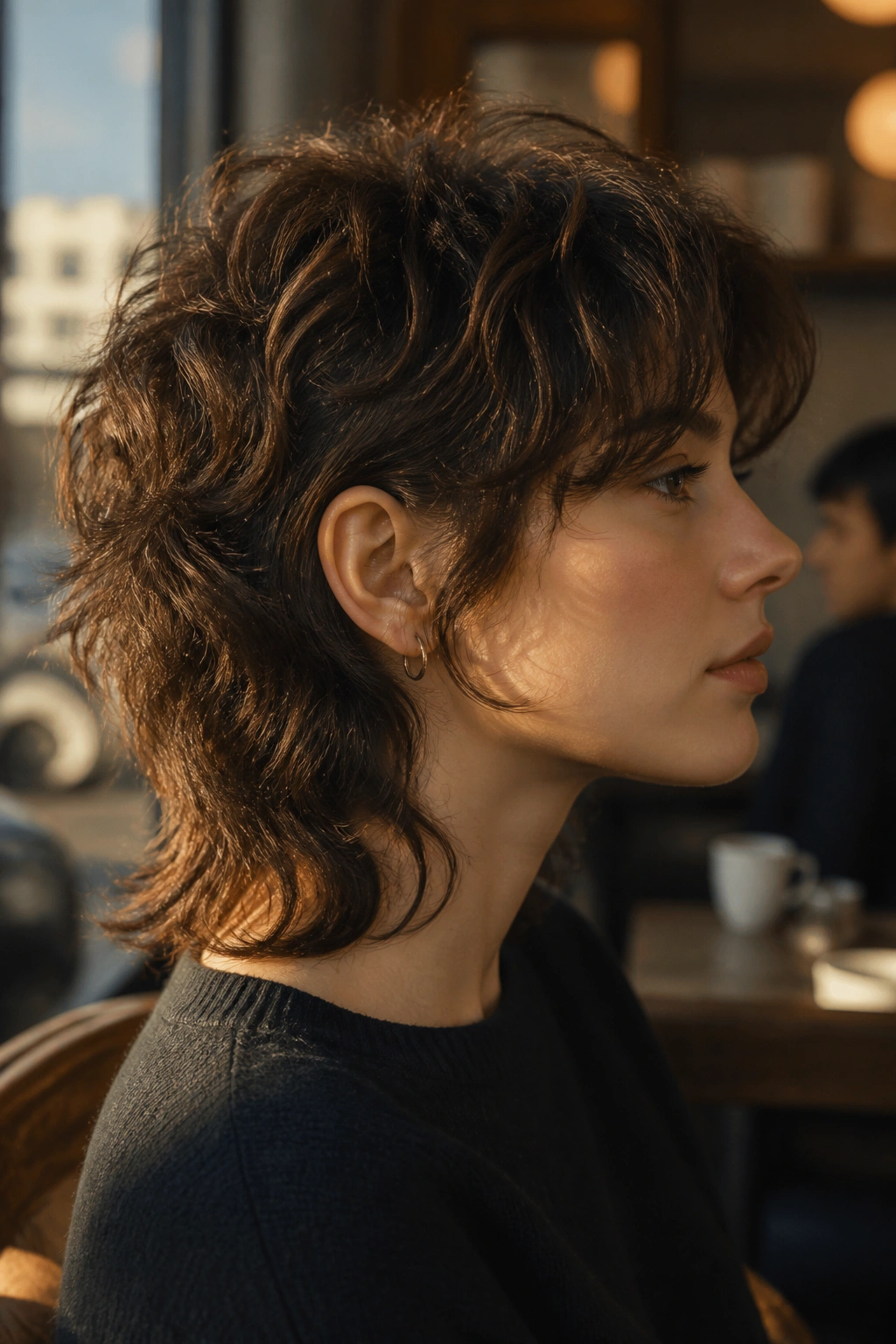 Real woman with soft mullet featuring crown lift and long nape.