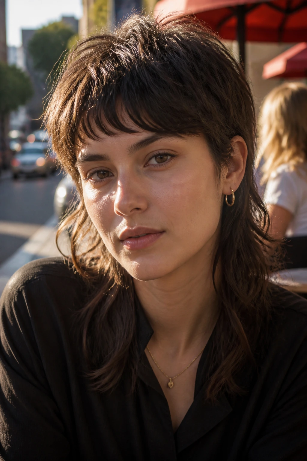 Close-up portrait of a real woman with a soft mullet on a sunny city street