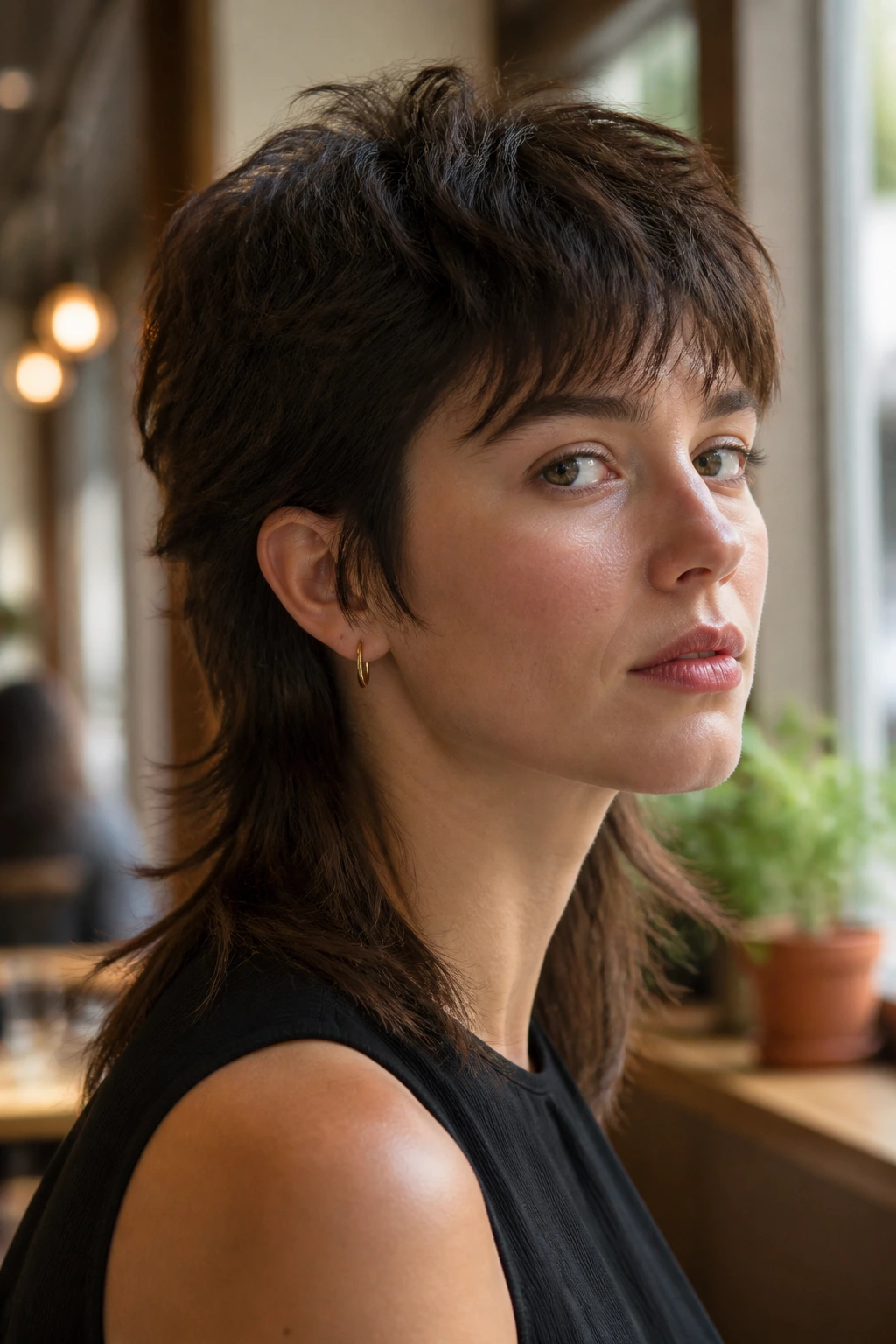 Close-up of a woman with a Soft Mullet in warm cafe light