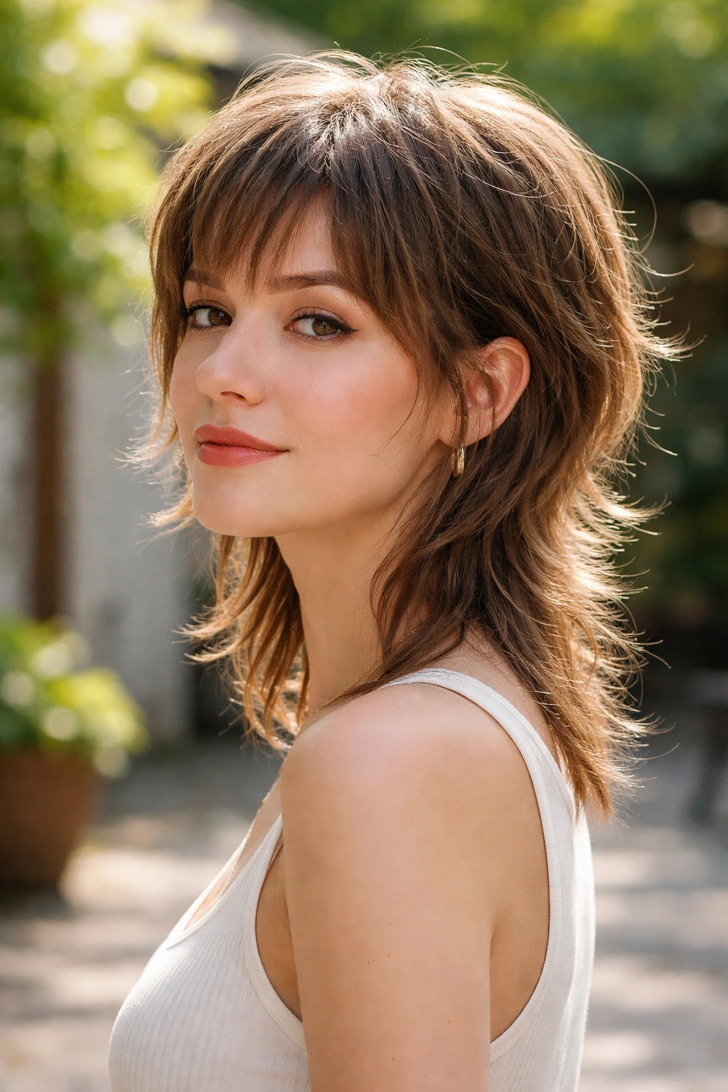 Close-up portrait of a real person with soft mullet in sunny outdoor setting