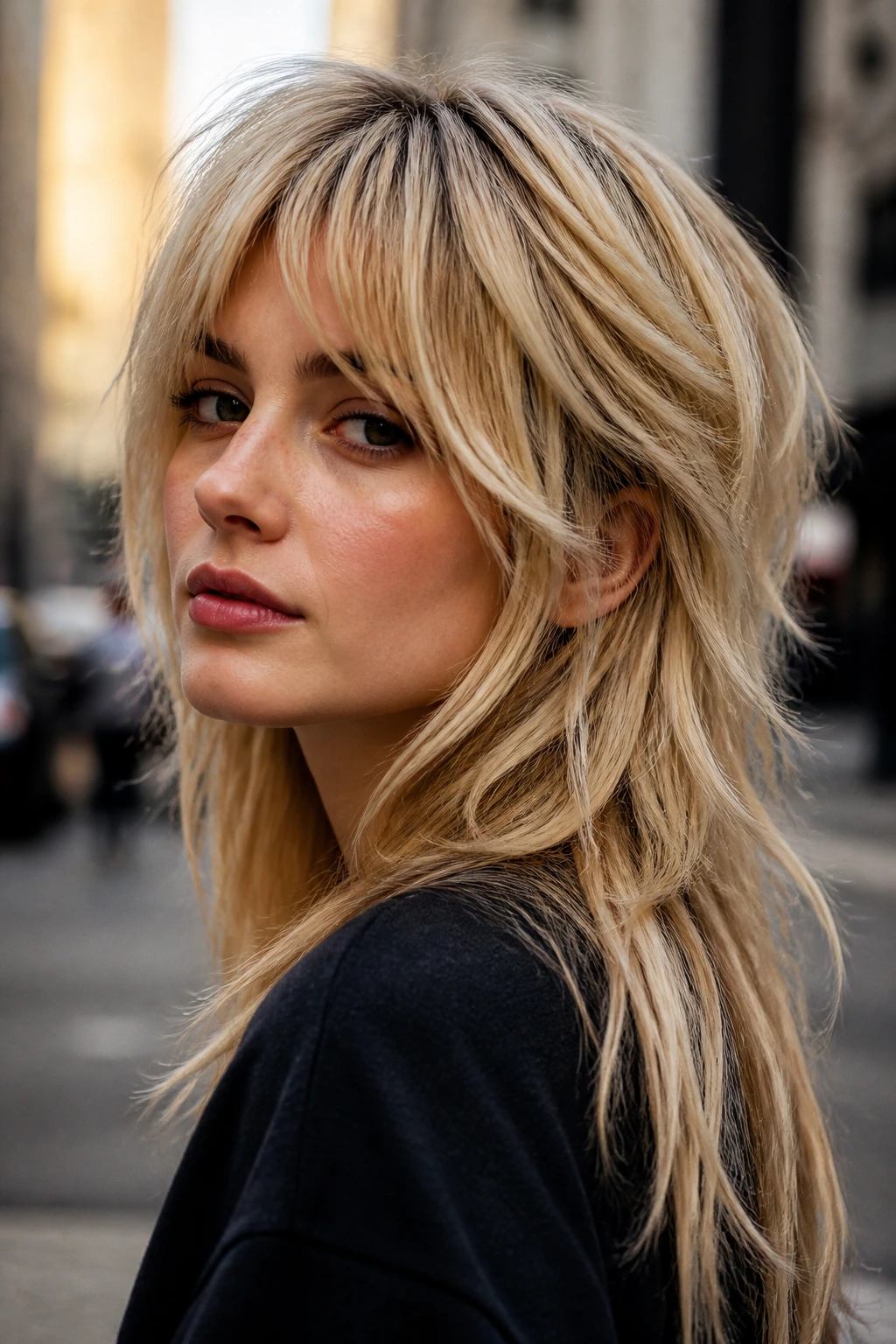Close-up of a real woman with soft mullet-inspired long shag in urban daylight