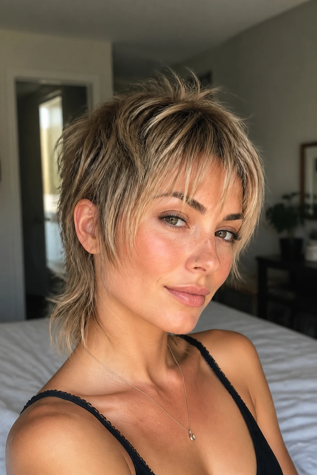 Close-up portrait of a real woman with a soft mullet pixie and face-framing fringe