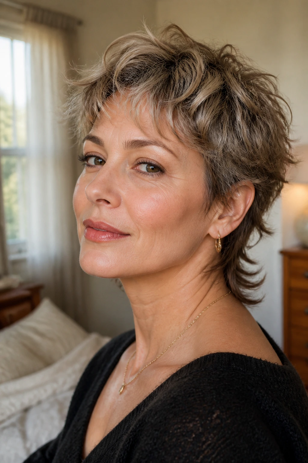 Close-up portrait of a real woman with a soft mullet pixie hairstyle