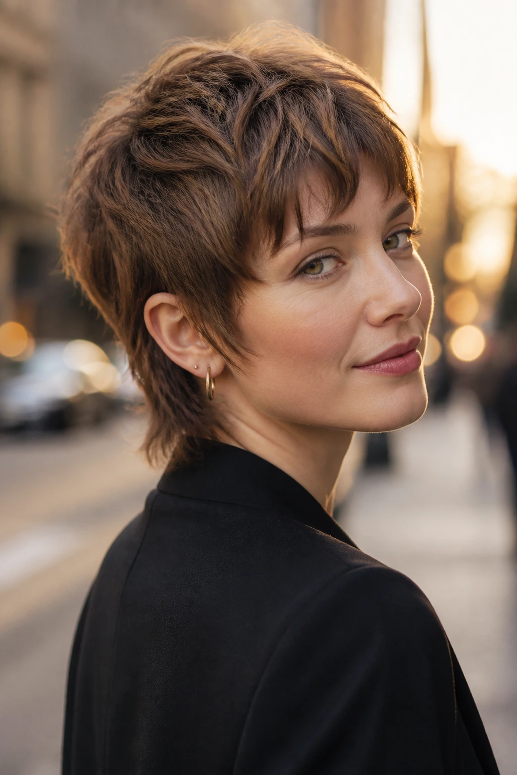 Close-up of a real woman with soft mullet pixie showing longer back and short crown.