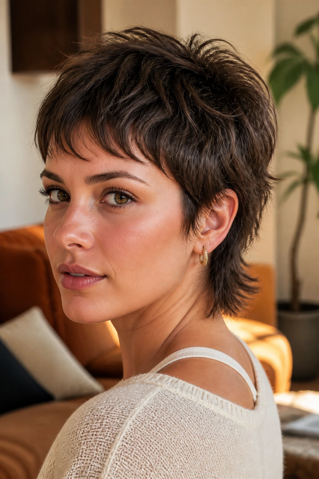 Close-up portrait of a real woman with Soft Mullet Pixie, short front and longer back