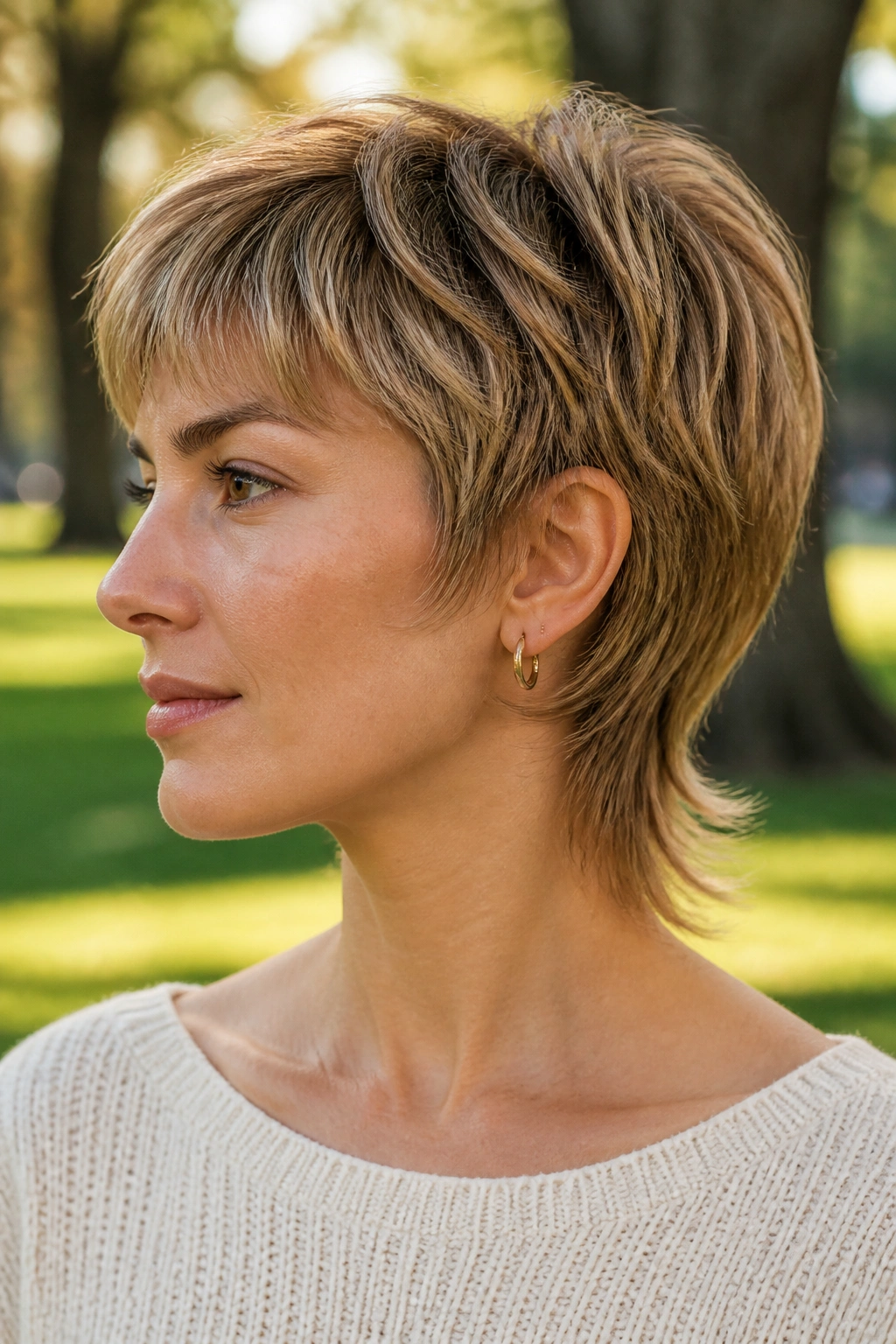Close-up portrait of a real woman with a soft mullet pixie and longer neckline in natural light.