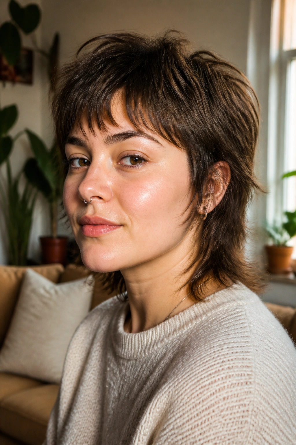 Close-up of a real person with a soft mullet under warm window light in a cozy living room