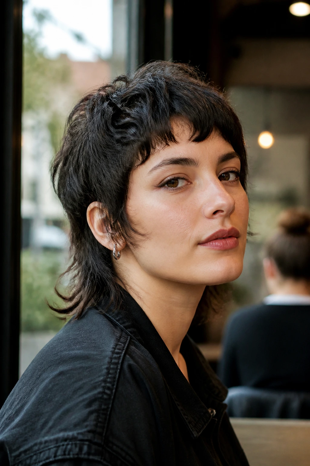 Portrait close-up of a real person with a soft mullet showing front and back elongation.