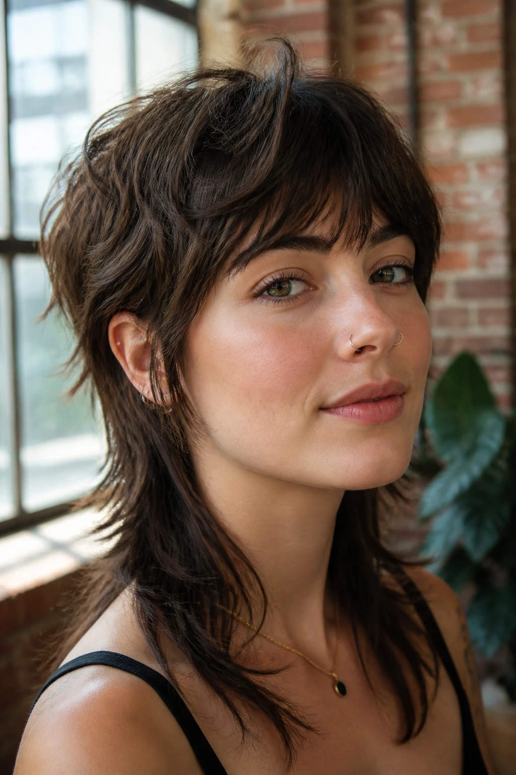 Close-up of a real woman with a soft mullet hairstyle in an urban loft