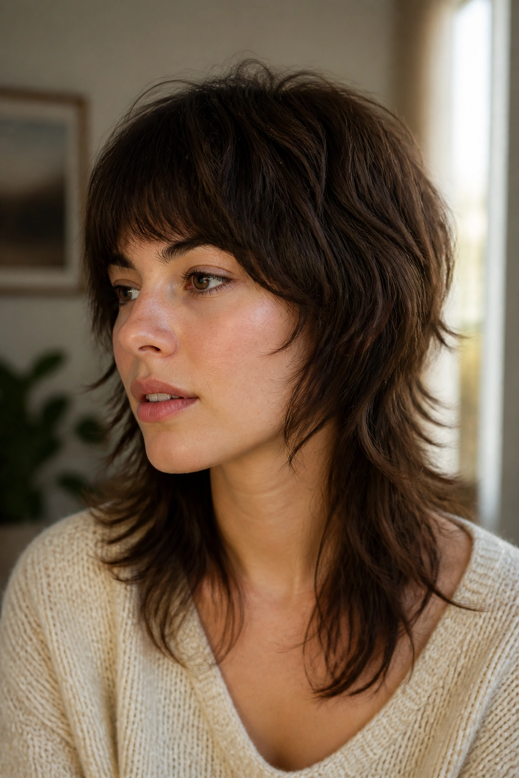 Close-up portrait of a real woman with Soft Mullet Shag hairstyle