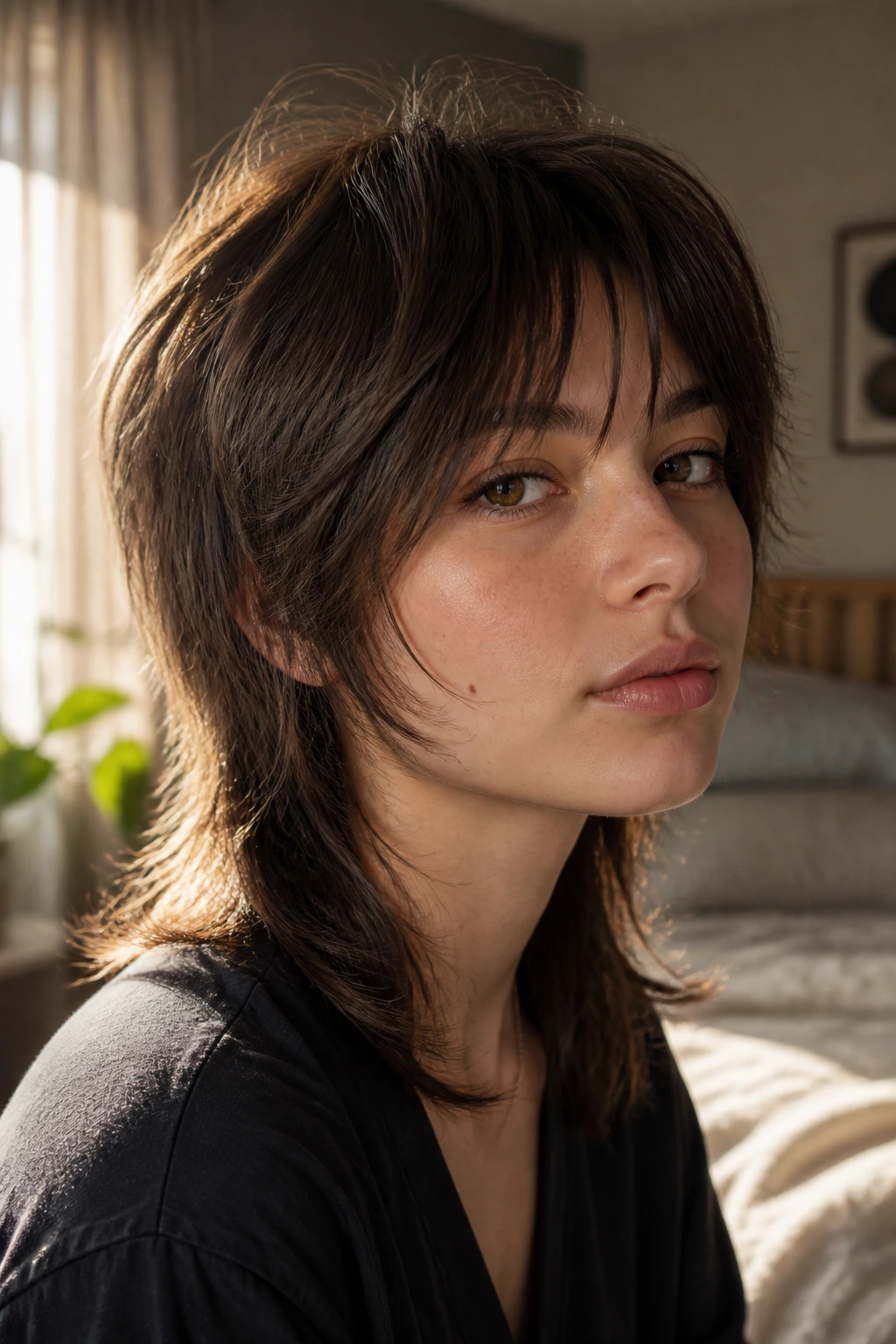 Close-up portrait of a real person with a soft mullet shag hairstyle in warm natural light