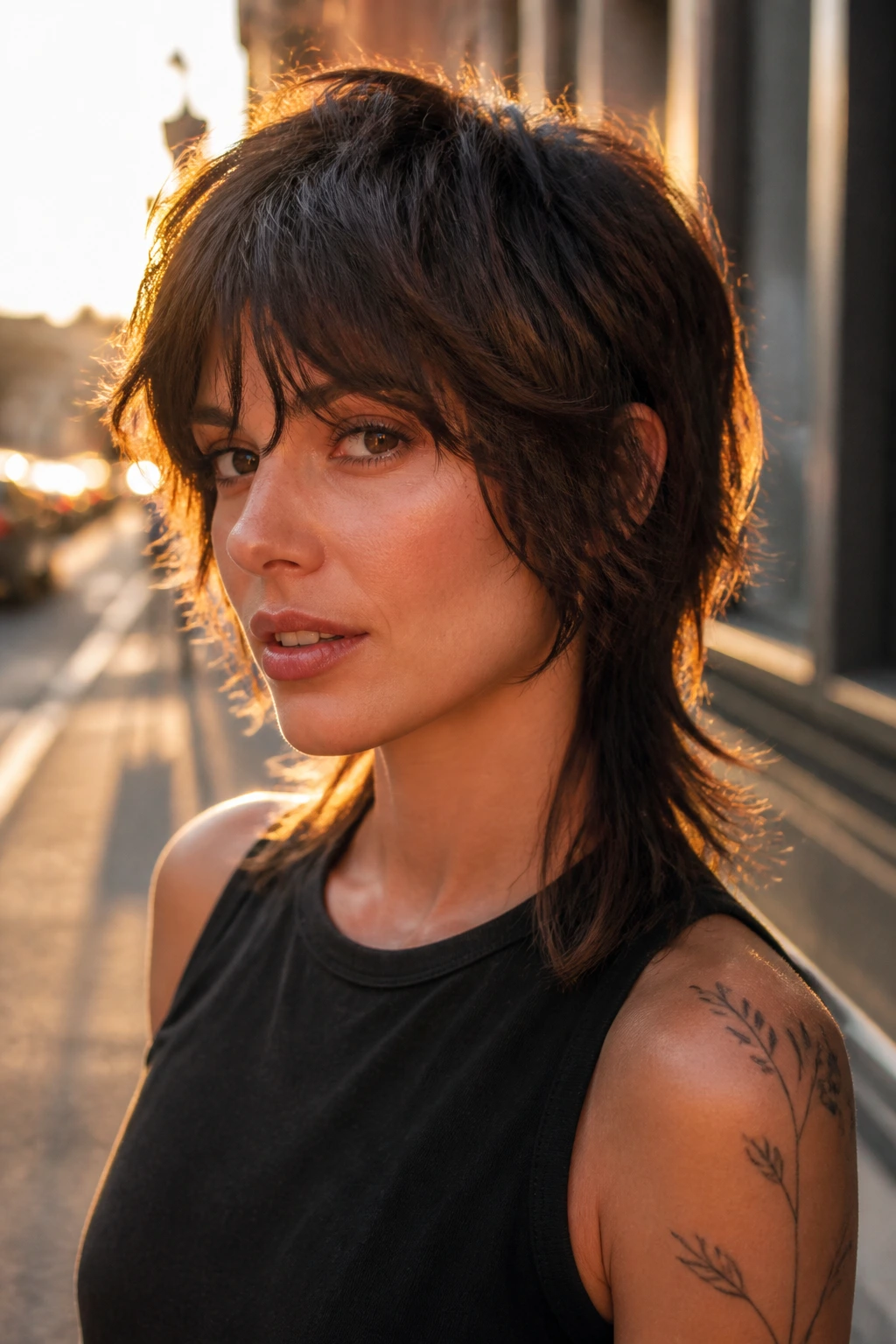 Brunette with soft mullet shag, longer nape and subtle edge.