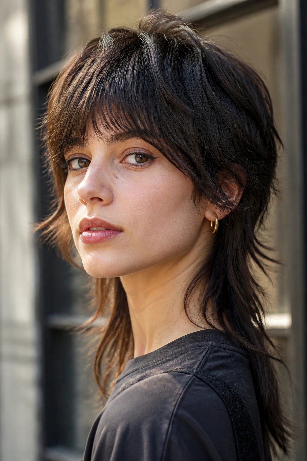 Close-up portrait of a real person with a soft mullet shag and a long nape.