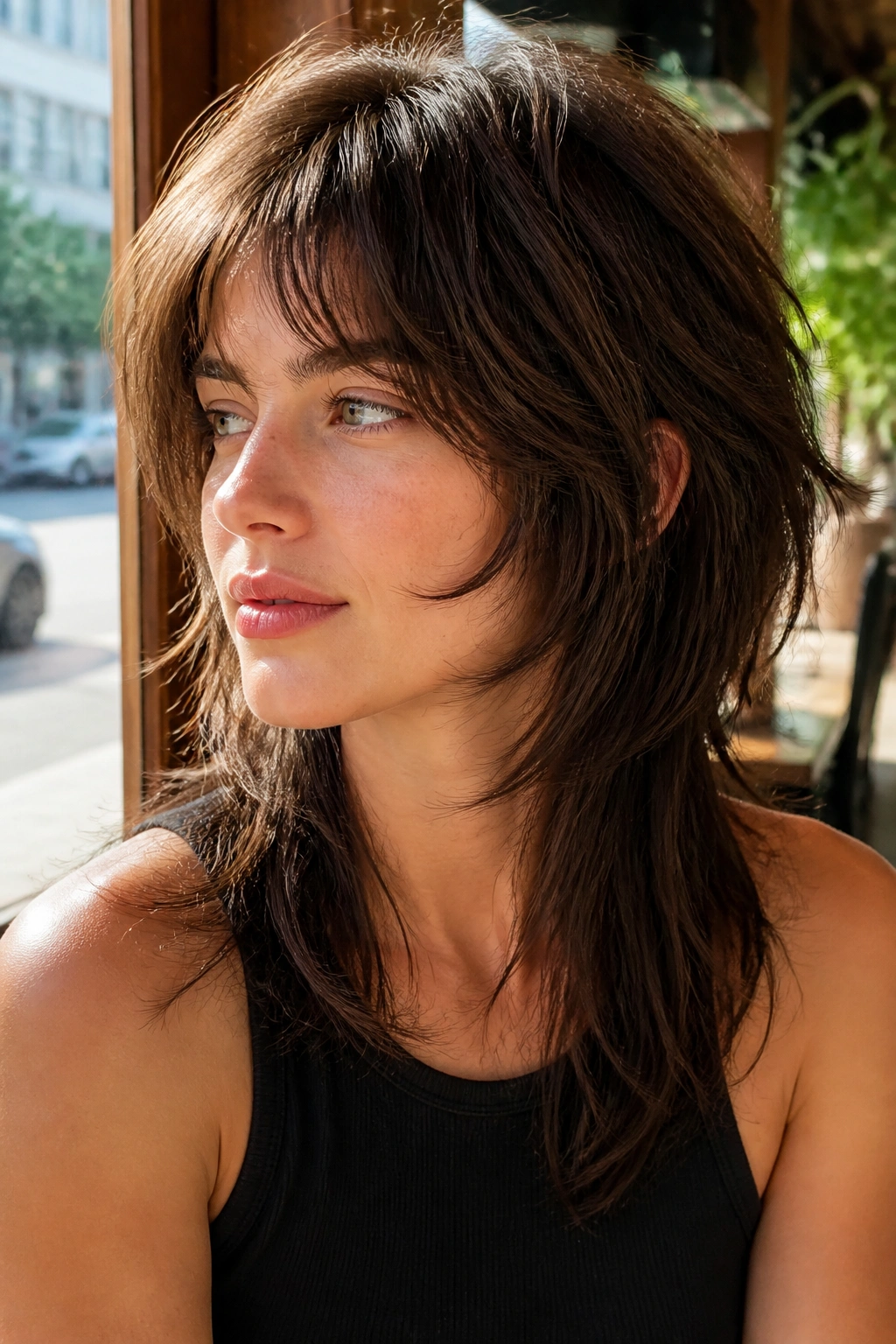 Portrait of a real person with a soft mullet-inspired shag showing longer back length and front pieces below the cheekbone