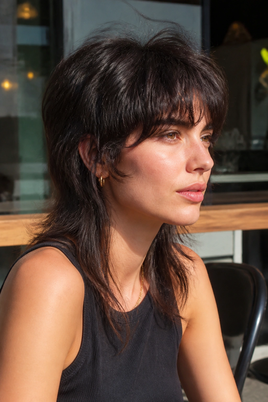 Portrait of a person with a soft mullet shag showing lifted crown and longer back