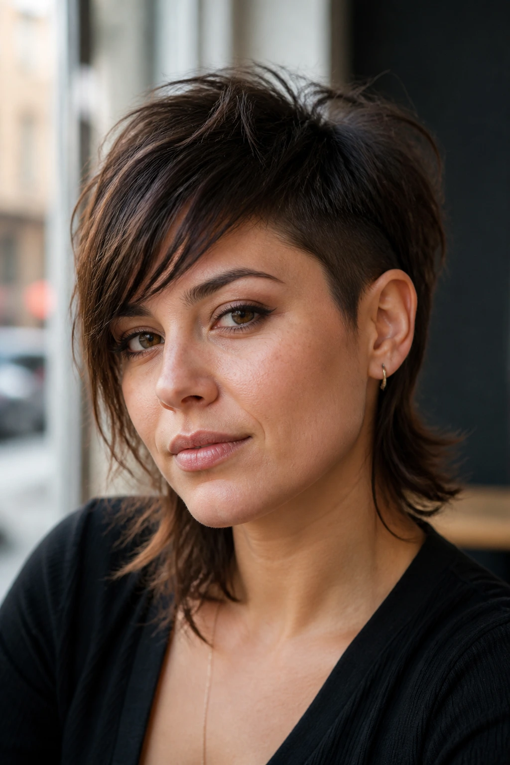 Real woman portrait showing a soft mullet with short sides and side-swept front