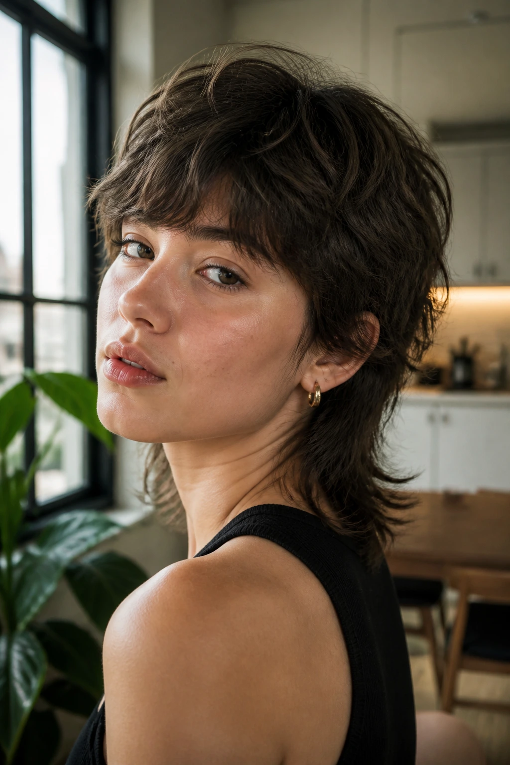 Close-up of a real person with a soft mullet and tapered ends under natural light