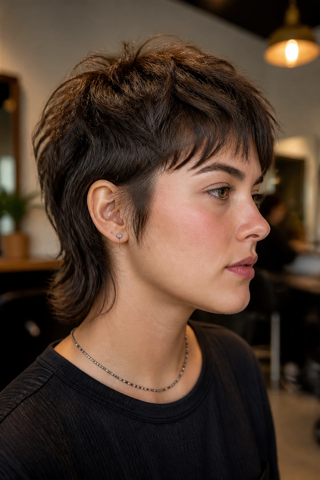 Close-up of a real person with a soft mullet and tapered neckline in a warm salon.