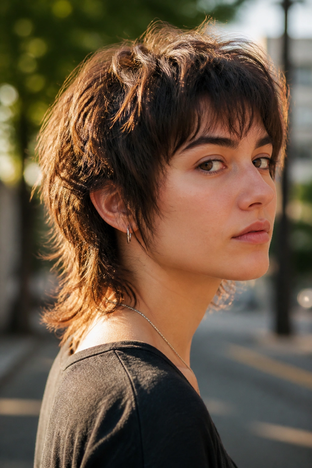 Real person wearing soft mullet; close-up portrait in golden-hour outdoor setting